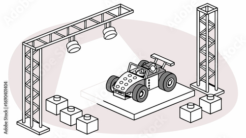 Isometric illustration of a race car on a platform with lighting equipment.