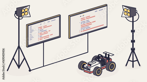 Isometric illustration of a small robotic car illuminated by studio lights connected to computer screens displaying code.