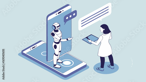 Isometric Illustration of AI Chatbot and Person Communicating via Smartphone.