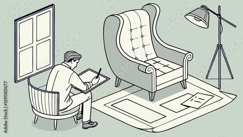 Isometric illustration of a person working at home in a chair using a tablet or drawing pad with a large armchair and floor lamp nearby.