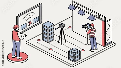 Isometric Illustration of Film Production Studio Setup with Technicians and Equipment.