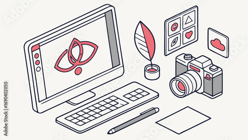 Isometric Illustration of Graphic Design Workspace with Computer Camera and Design Elements.
