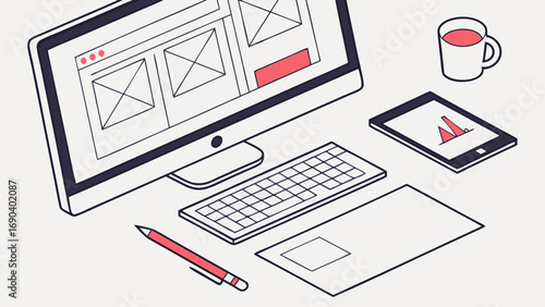 Isometric illustration of a workspace with computer keyboard tablet and stationery items.