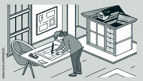 Isometric illustration of an architect or designer working on a house plan at a desk with a model house nearby.