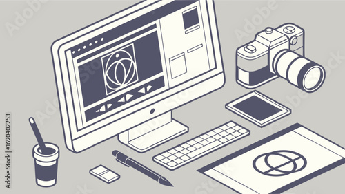 Isometric Illustration of Graphic Design Workspace with Computer Camera and Tablet.