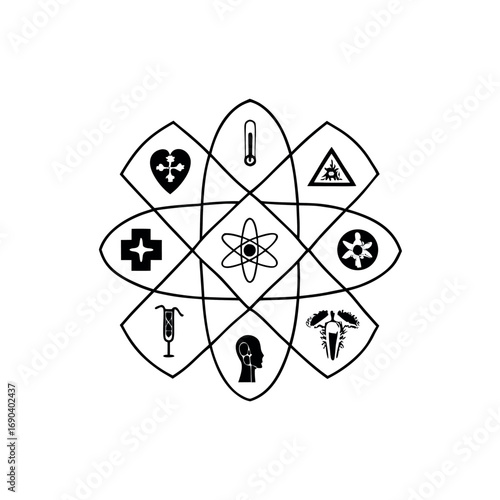 Diverse medical and scientific symbols arranged in a circular pattern medical symbols scientific icons