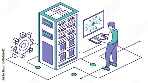 Isometric Illustration of Data Center Server Room with Technician Working on a Network Diagram.