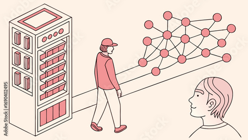 Isometric Illustration of Data Network Connection Person Walking Towards a Server and a Network Diagram.