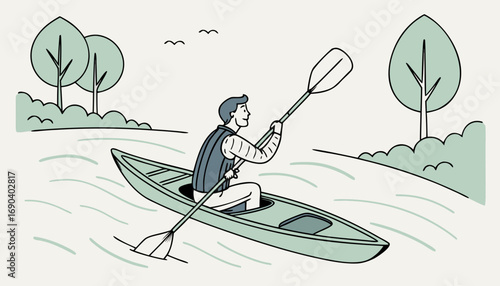 Man kayaking in the river water, sitting on green kayak with paddle, summer recreation activity, flat illustration