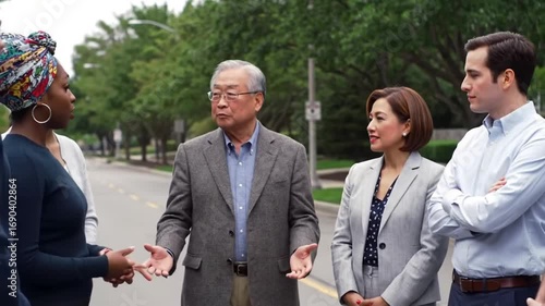 Collaborative Community Meeting: Diverse Group of People Engages in a Lively Street Discussion