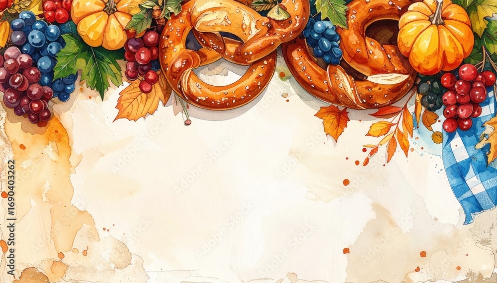 Fototapeta premium Harvest festival celebration with pretzels and autumn produce scenic park digital artwork colorful atmosphere top-down view seasonal joy