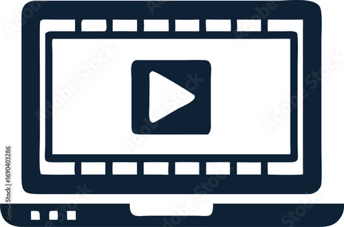 The outlined laptop screen displays a play button icon, suggesting digital entertainment content delivery