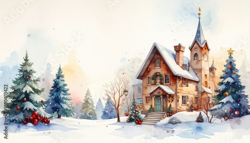 Wallpaper Mural Charming winter cottage surrounded by snowy pines festive atmosphere watercolor art tranquil landscape serene viewpoint holiday spirit Torontodigital.ca