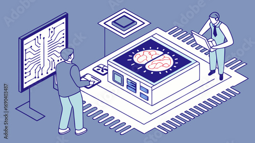 Isometric Illustration of Two People Working on a Microchip with Brain Design Concept.
