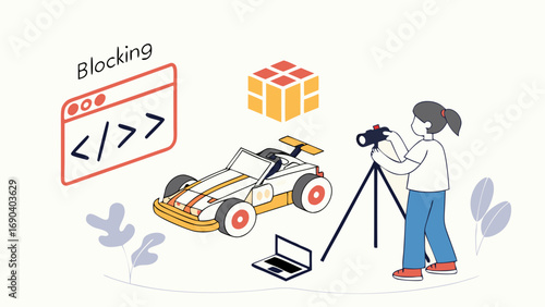 Isometric Illustration Photographer Shooting a Toy Car with Laptop and Coding Icon in the Background.