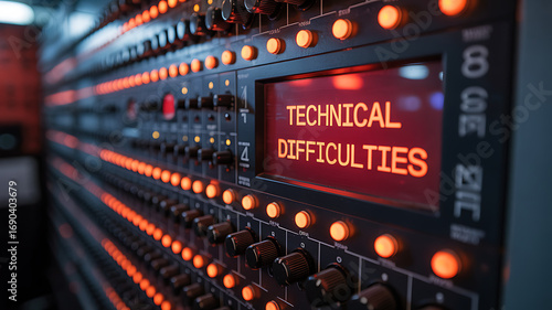 Server room display shows technical difficulties with blinking lights and complex equipment