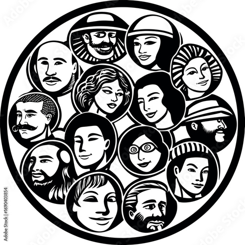 Diverse stylized faces in circular arrangement people avatars