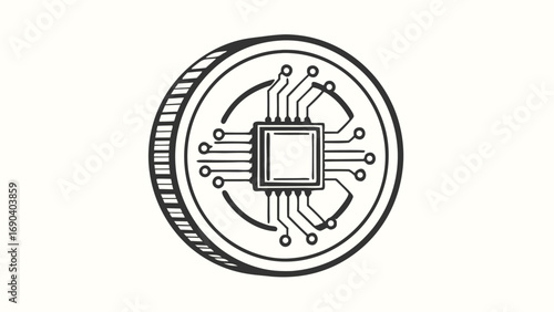 The stylized microchip features multiple connecting points, hinting at advanced technology and connectivity