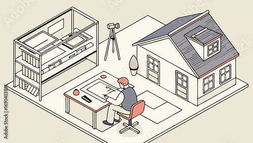 Isometric Illustration of Person Working at Home Office Desk with House in Background.