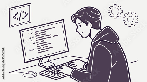 Person coding at computer software development programming web development technology illustration.