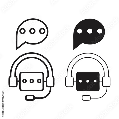 Two communication headset symbols provide assistance and support through online connectivity in monochrome tone