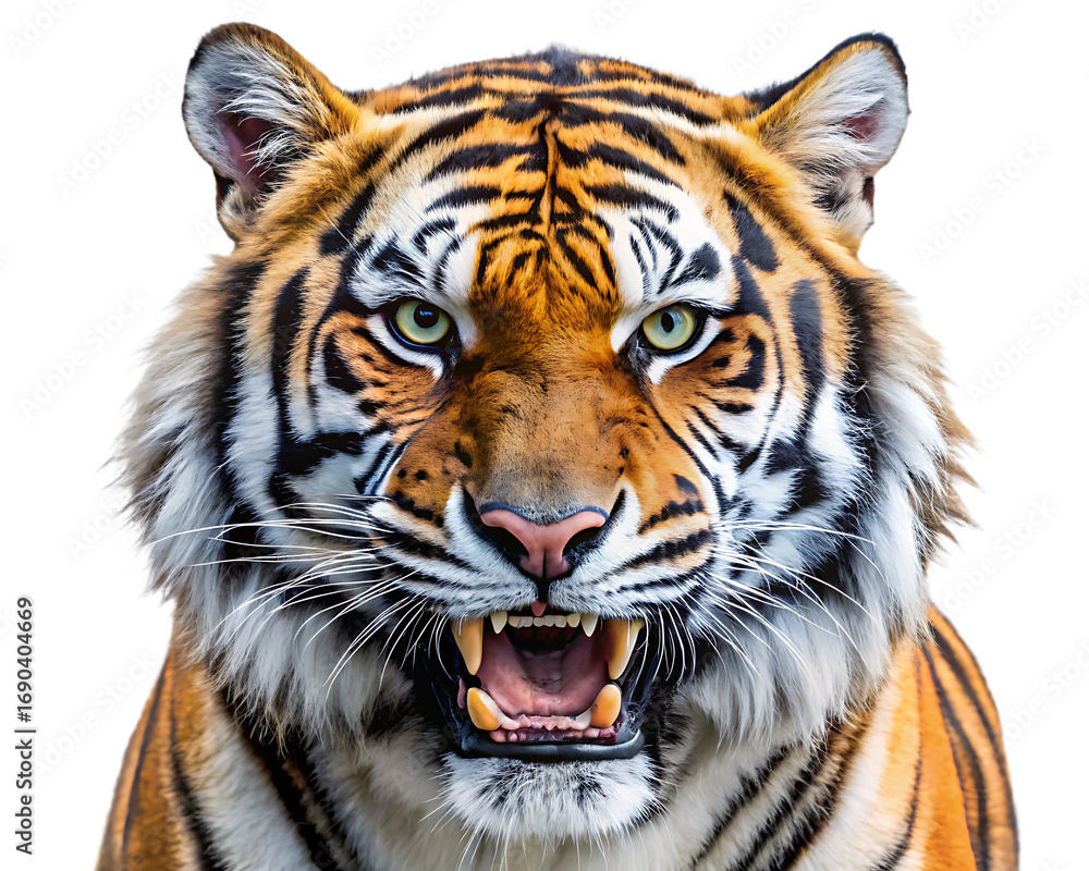 Obraz premium Close-up of a Fierce Tiger's Face with Open Mouth and Sharp Teeth animal wildlife isolated on a transparent background
