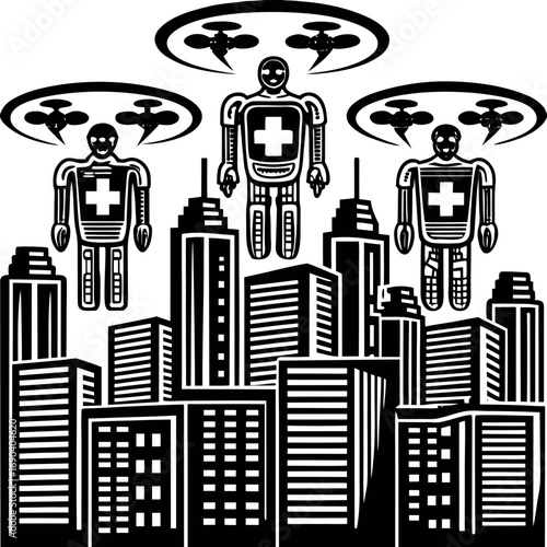 Futuristic medical robots hover over city skyline cityscape drones