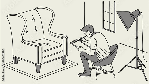 Person sketching armchair in studio interior design illustration furniture product photography concept.