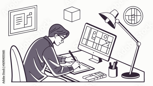 Person working at a desk with a computer and drawing tablet.