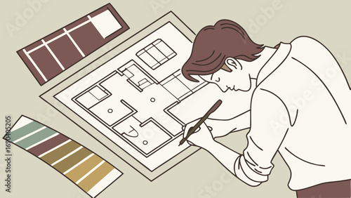 Person drawing house blueprints and color palettes.