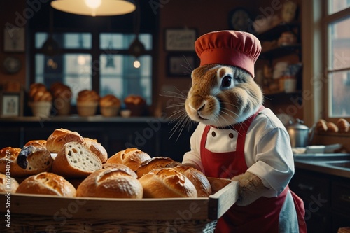 A rabbit in a baker’s hat holding a tray of fresh bread and pastries, warm cozy bakery vibe.