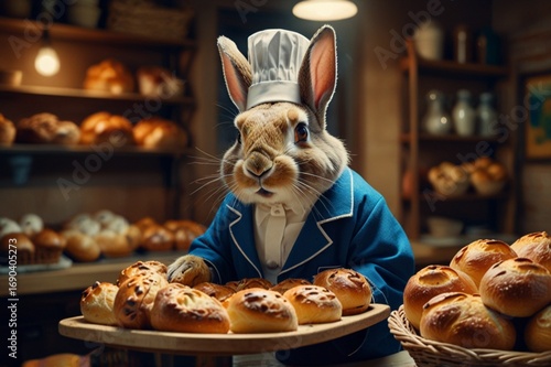 A rabbit in a baker’s hat holding a tray of fresh bread and pastries, warm cozy bakery vibe.