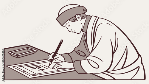Person Writing Calligraphy with Ink Brush and Paper Asian Art Style Illustration.