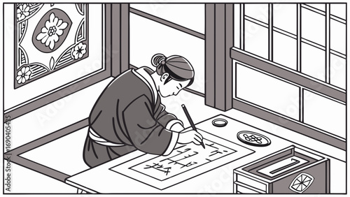 Person writing calligraphy at a desk Asian style illustration black and white drawing traditional art ink and brush elegant design peaceful scene artistic skill cultural heritage historical illustrat.