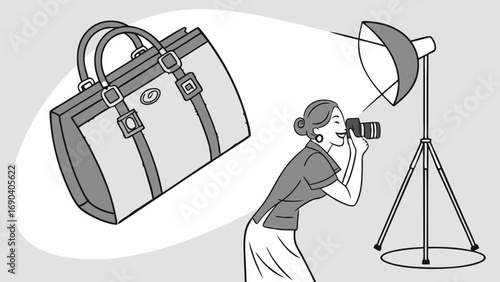 Photographer shooting a handbag in a studio with lighting equipment.