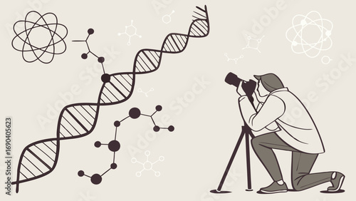 Photographer Kneeling with Camera and DNA Strand Illustration.