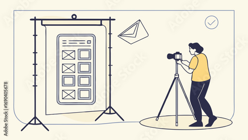 Photographer taking a picture of a mockup on a tripod in a studio.