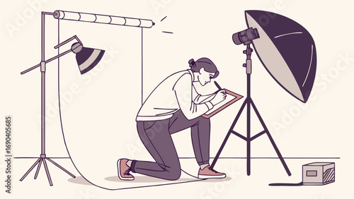 Photographer taking notes in a studio setting with lighting equipment.