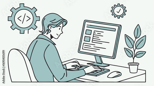 Person working at computer coding programming software development website design desktop illustration simple minimalist clean design modern flat style vector graphic office worker business technolog.