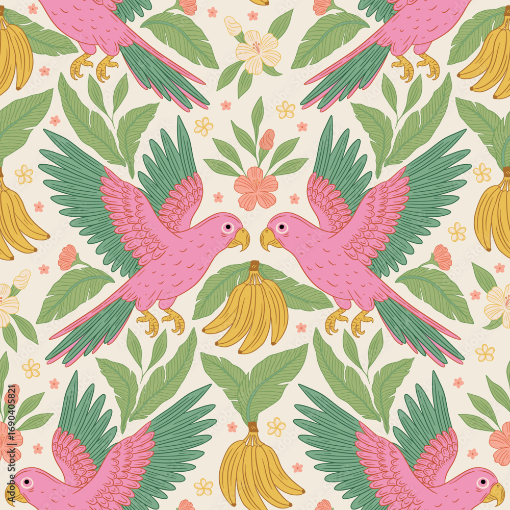 Fototapeta premium Vintage Whimsical Parrot Banana Seamless Tropical Vector Pattern With Pink Flowers Exotic Leaves