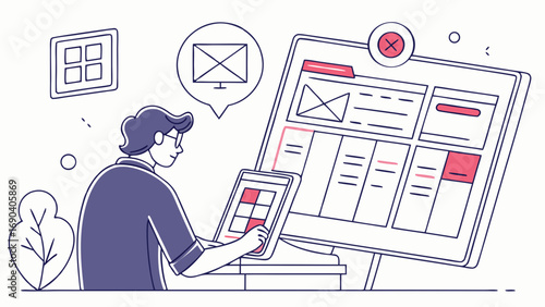 Person working on website design and UI layout using digital tablet and whiteboard mockup.