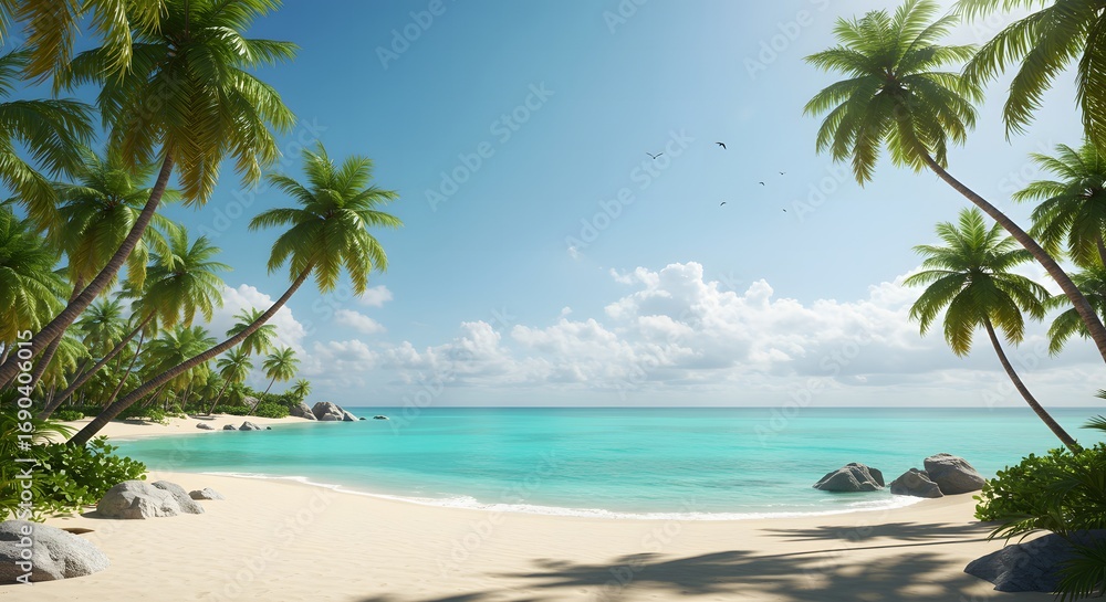 Fototapeta premium Idyllic tropical paradise beach with calm turquoise water, white sand, and lush palm trees under a sunny sky
