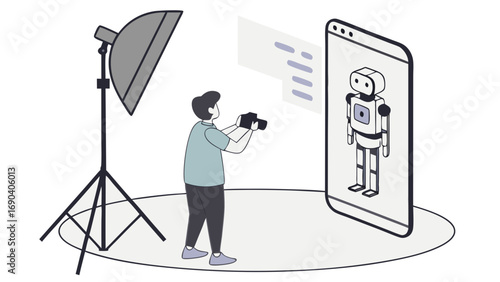 Photographer taking picture of a robot on a smartphone screen in a studio setting.
