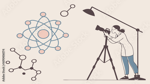 Photographer taking pictures of science and technology related illustrations atomic model molecules studio lighting.