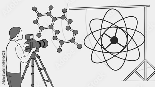 Photographer taking pictures of a molecular structure and an atom model illustration.