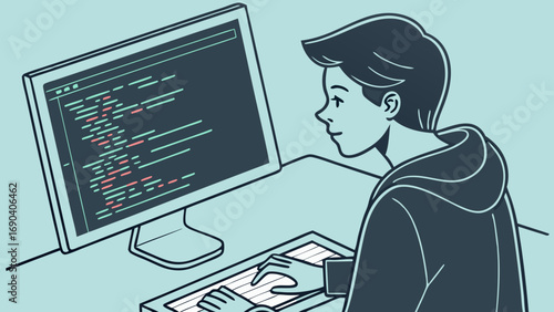 Programmer coding on computer software developer at work digital illustration web development coding concept.