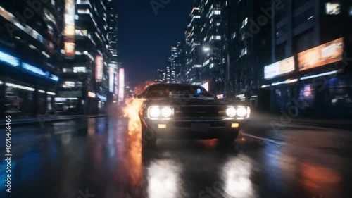 Cinematic Night Drive of a Flaming Muscle Car on Neon City Streets