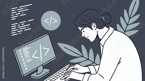 Programmer coding on computer software developer at work website development programming illustration.