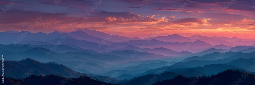 Fototapeta premium Breathtaking panoramic view of layered mountain silhouettes in shades of blue and purple under a vibrant pink and orange, majestic sunset.