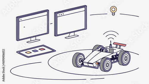 Remote controlled car computer screens wireless technology innovation design isometric illustration technology concept digital control automation engineering futuristic vehicle smart car robotics veh.